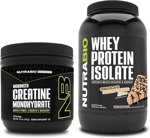 [BRSRAZ34A57BG2Y7] NutraBio Creatine Monohydrate, Unflavored, 150g and Whey Protein Isolate, Chocolate Peanut Butter, Supplement Bundle - Muscle Energy, Lean Muscle Growth, Recovery, and Strength