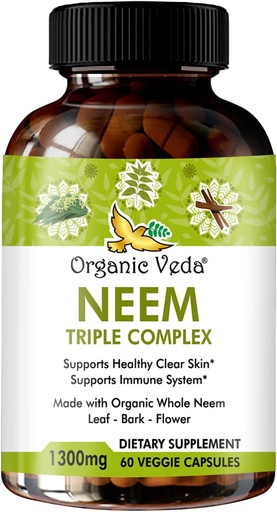 [BRSW2BAFOIBWCGTB] Veda Organic Veda Neem Capsules amb Extreu de triple complex neem Leaf, Bark i Flor - Hebal suplementari Boonds Imunity, millorats, pell de salut i implementació de 60