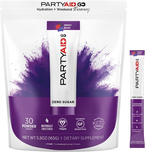 [BRSWY23YBN7R4FI3] PARTYAID GO Feel Good Tonight and Tomorrow, Zero Sugar, 5-HTP, B-Complex, Milk Thistle, Electrolytes, No Artificial Flavors or Sweeteners, Caffeine-Free, 30 Count (Pack of 1)