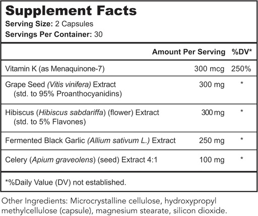 [BRSRAGQDCMCAY2D5] Vaso Calm - Healthy Blood Balance Supplement - Features Fermented Garlic, Celery and Grape Seed Extract, Hibiscus, and Vitamin K2 - Made in The USA