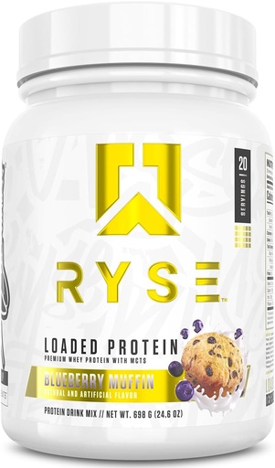 [BRSRAFI5BEBRGHL7] Ryse Loaded Protein Powder - Blueberry Muffin - 25g Syrovátkový protein izolát a koncentrát s prebiotickou fiber & MCTs - Nízký karb, Nízký cukr, DigestiveFriendly - 20 Servings / 1.5 LB Tub
