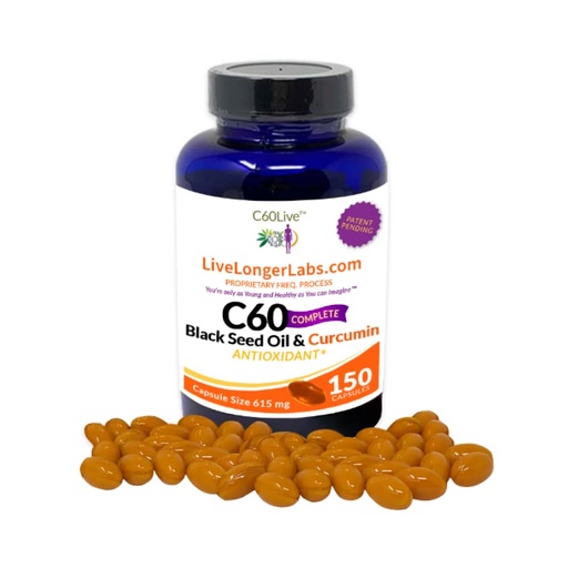 [BRSW2HYQAVYW2FY4] C60 Complete - Carbon 60 (Fullerene) with Black Seed Oil & Curcumin - Antioxidant Supplement - for Longevity & Cognitive Function - All Natural - 150 Gel Capsules