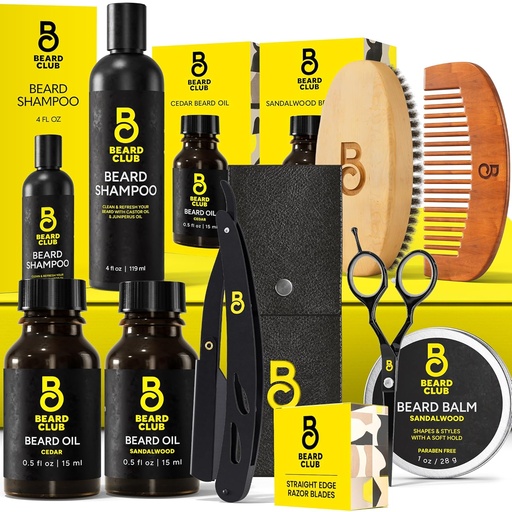 [BRSRAFDROEHBEDLU] The Beard Club Premium Beard Kit for Men - Grooming & Care Kit - Cedar & Sandalwood Oil, Sandalwood Balm, Shampoo, Brush, Comb, Trimming Scissors, Straight Edge Razor - Gift Set