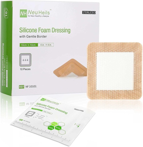 [BRSW2ZQDDF5RAFI6] NeuHeils Silicone Adhesive Foam Dressing with Gentle Border 4''x4'' for Bed Sore Leg Ulcer 10 Pack, High Absorbency Waterproof Silicone Wound Bandage