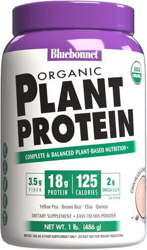 [BRSWKZQTCMNBQA3K] Bluebonnet Nutrition Organic Plant Protein - 18g Protein, 3.5g Fiber – Chia, Quinoa & More - Non-GMO, Vegan, Kosher, USDA Organic, No Sugar Added – Free of Gluten, Soy & Milk - 1 LB, Chocolate Flavor
