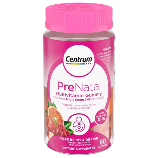 [BRSRMBQNCEMAYE3A] Centrum Prenatal Multivitamin Gummies with DHA and Folic Acid, Mixed Berry and Orange Flavors - 60 Count, 30 Day Supply