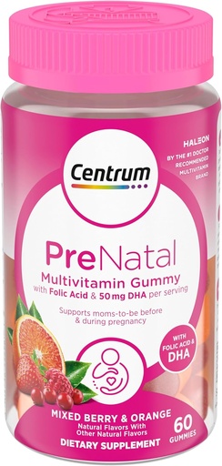 [BRSRMBQNCEMAYE3A] Centrum Prenatal Multivitamine Gummies cu DHA și Acid folic, Berry mixt și aroma portocalie - 60 Conte, 30 zile de aprovizionare