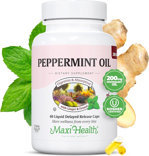 [BRSROBAYDIGRYYDV] Maxi Health Peppermint Oil Capsules – Organic Ginger Oil & Fennel Delayed Release Capsule – Ingestible Dietary Kosher Peppermint Supplement for Digestive Support (60 Capsules)