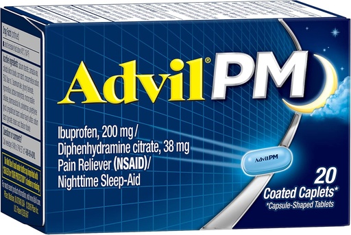 [BRSWIYDRAIGWEFT2] Advil PM (20 telling) Pijn Reliver/Nighttime Slaaphulp Coated Caplet, 200mg Ibuprofen, 38mg Difenhydramine