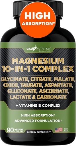 [BRSRO2YCOQHR4HQ7] Gade Nutrition Magnesium Комплекс 10 в 1 - Glycinate, Citrate, Malate, Оксид, Taurate, Aspartate, Клейконат Lactate Carbonate Цинк Мідь марганець і вітаміни (90 Count (Pack of 1))