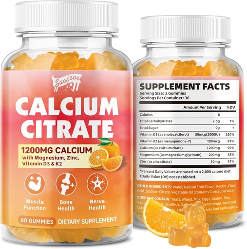 [BRSRAAT7DN7R42DO] Calcium Citrate Gummies 1200 mg with Vitamin D3, K2, Magnesium, Zinc, Bone Support for Bones, Muscles & Joints,Immunity & Memory Support, 60 Count