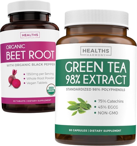 [BRSRAZL3BUBRME3K] Beet Root & Green Tea Extract (1-kuuline pakkumine) Detox Power Duo - orgaaniline suhkrupeedi juur koos musta pipariga imendumiseks 1250mg (60 tabletti) ja roheline tee ekstrakt 98% EGCG 1000mg portsjoni kohta (60 kapslit)