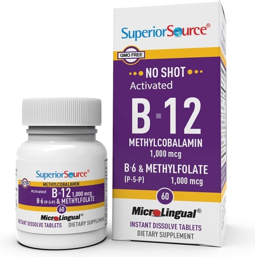 [BRSWIGYNCV7GA2L2] Superior Bron Geen Shot Vitamine B-12 Methylcobalamine 1000 mcg, B-6, & Methylfolaat 1000 mcg - Ondersteunt Energie, Hersenen en Hart Gezondheid - Bariatrische Vriendelijk - 60 Sublingual Dissolving Tablets