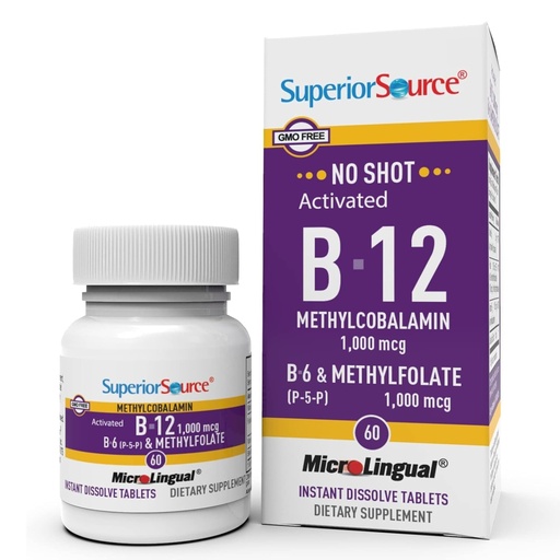 [BRSWIGYNCV7GA2L2] Superior Source No Shot Vitamin B-12 Methylcobalamin 1000 mcg, B-6, & Methylfolate 1000 mcg - Supports Energy, Brain, and Heart Health - Bariatric Friendly - 60 Sublingual Dissolving Tablets