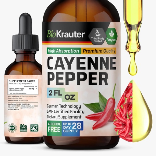 [BRSWGHYCOUFQGHL3] BIO KRAUTER® Cayenne Pepper Drops 684 mg - Pure Vegan Cayenne Pepper Supplements 2 Fl.Oz 28 päivän toimitus - luonnollinen kapsaisiini ruoansulatusta varten - alkoholiton ja sokeriton