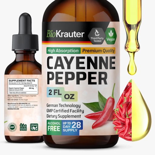[BRSWGHYCOUFQGHL3] BIO KRAUTER® Cayenne Pepper for Circulatory & Digestive Support - Pure Vegan Capsaicin Supplements - 2 Fl.Oz Cayenne Pepper Drops - Natural Capsaicin, Alcohol & Sugar Free, 28 Days of Supply