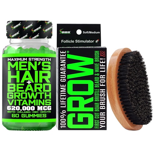 [BRSRAGQFCN4BQCYU] Beard Growth Kit w/ 620,000mcg 14-in-1 BIOTIN Gummies/Beard Growth Vitamins & Hair Growth Vitamins for Men + 100% Lifetime Replacement First Cut Boar Bristle Brush & 360 Wave Brush for Men