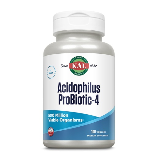 [BRSWIYT3OMAQE2TO] KAL Acidophilus ProBiotic-4, 500 Million CFUs, Four Probiotic Strains, Probiotics for Women and Men, Freeze Dried, L. acidophilus, L. bulgaricus, S. thermophilus, B. bifidum, 100 Servings, 100 VegCaps