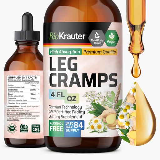 [BRSROGAZCECGEFDB] BIO KRAUTER Leg Cramps Tincture with Quinine - Ginger & Chamomile Liquid Extracts for Leg Cramps - Natural Alcohol & Sugar Free Formula - Vegan Drops 4 Fl.Oz.