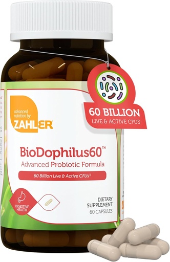 [BRSWIEYMAIMA2E3A] Zahler BioDophilus60, 60 Billion CFU Probiotic + Prebiotic - 11 Strains Daily Probiotic Supplement - Kosher Probiotics for Women for Digestive Health, Probiotics for Men for Gut Health (60 Capsules)