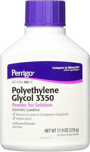 [BRSWIZ3ZBQAR2CI3] Perrigo Polyethylene Glycol 3350 17.9 Oz (510gm) Powder (Compare to Miralax)