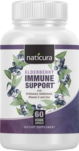 [BRSWY2TQAQPQY2QY] Elderberry Immune Support - Daily Supplement for Men and Women - Vitamin C, Zinc, Goldenseal, Echinacea and Elderberry - 60 Capsules, 5-in-1 with Prebiotics and Probiotics - Made in The USA