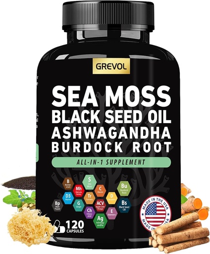 [BRSRAYLROYMWMCLF] Sea Moss Capsules with Ashwagandha Black Seed Oil Bladderwrack Burdock Root Turmeric & Vitamin C D3 Elderberry ACV Black Pepper - Multimineral Supplement - 120 Count