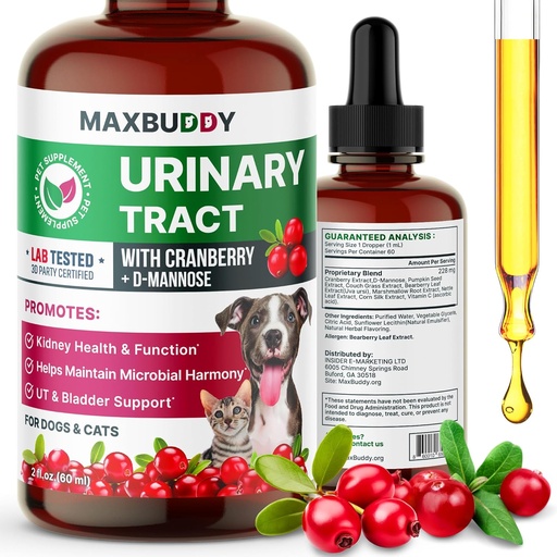 [BRSRAGQBBB5Q2AD4] MaxBuddy Natural UTI Treatment Support - Cranberry Urinary Tract Infection Care & Prevention Assistance for Cats and Dogs – Kidney & Bladder Wellness Supplement Drops - Support for Urine Flow