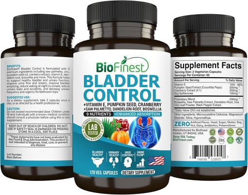 [BRSROATYO4BGAF3V] BioFinest Bladder Control Supplement for Men & Women - 120 Veg. Capsules - Saw Palmetto, Cranberry, Pumpkin Seed, Vitamin E, Boswellia, Dandelion Root - Urinary Tract Bladder Health - Made in USA