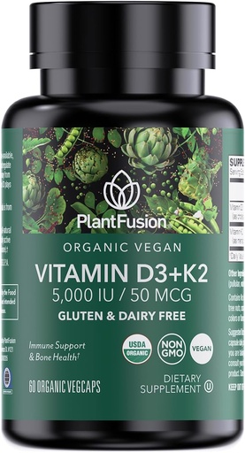 [BRSROAIFB4FBSC3K] PlantFusion Organic Vegan Vitamiini D3 + K2 5 000 IU, 50MCG D-vitamiini Lähde kasviperäisestä jäkälästä ja K2-vitamiinista Immuunitukeen ja luun terveyteen - 60 kapselia