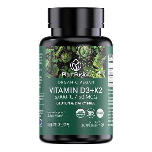 [BRSROAIFB4FBSC3K] PlantFusion Organic Vegan Vitamin D3 + K2 5,000 IU, 50MCG – Vitamin D Sourced from Plant Based Lichen and Vitamin K2, for Immune Support and Bone Health - 60 Capsules