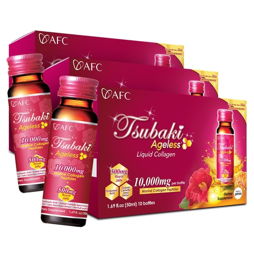 [BRSWGCTYBYPGYEQZ] AFC Japan Tsubaki Ageless Liquid Collagen Drink for Women | 10,000mg Marine Collagen Peptides, 500mg Royal Jelly, Hyaluronic Acid | Supports Skin Hydration & Elasticity 1.69 fl.oz x 10 Bottles (3Pack)