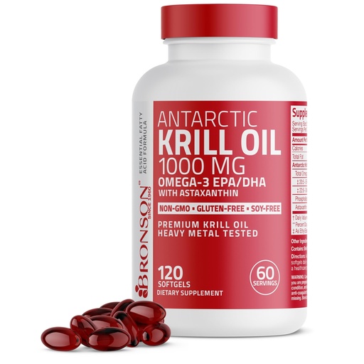 [BRSWKHYKCQFBW23U] Bronson Antarctic Krill Oil 1000 mg with Omega-3s EPA, DHA, Astaxanthin and Phospholipids 120 Softgels