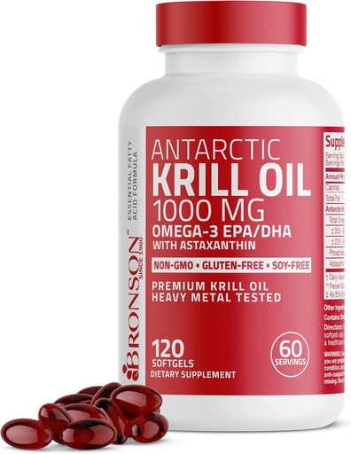 [BRSWKHYKCQFBW23U] Bronson Antarktis Krill Oil 1000 mg Omega-3s EPA, DHA, Astaksantiini ja fosfolipidit 120 Softgels