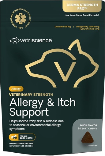 [BRSWGZQYOJ7GOF36] VetriScience Veterinary Strength Alergy & Itch Support Chews - Estacional Alergía Apoyo Suplemento para mascotas - Pet Skin Sensitivity Support - Cats & Dogs - Duck Flavor - 60 Chews