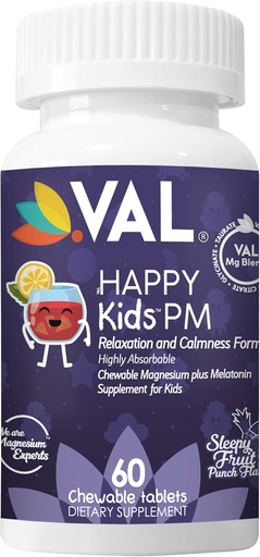 [BRSW2BIRDMHQYDT6] VAL Happy Kids PM – Sugar-Free Chewable Magnesium with Melatonin | Sleep Support for Children | Magnesium Glycinate + Citrate + Taurate | B6, C | Fruit Punch | 60 Tablets | Non-GMO