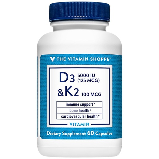 [BRSWYAQCPMIBECT6] The Vitamin Shoppe Vitamin D3 & K2 MK7 Supplement, 5000 IU, 60 Capsules | Daily Vitamin to Support Bone Health, Calcium Utilization, and Immune Function