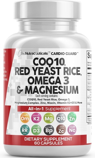 [BRSRMBADDIHWO2AV] Clean Nutraceuticals COQ10 200mg Red Yeast Rice Omega 3 Magnesium Complex 500mg Niacin Zinc Vitamin K2 D3 - Heart Support Vitamins for Women & Men w/Vitamin B3, Coenzyme Q10-60 Ct