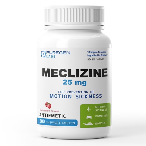 [BRSRAAANCUNGC2T7] Puregen Labs Meclizine 25 mg Antiemetic 200 chewable Tablets | Motion Sickness Relief - Prevent Nausea, Vomiting, and Dizziness | Dairy Free | Value Pack – 200 chewable Tablets