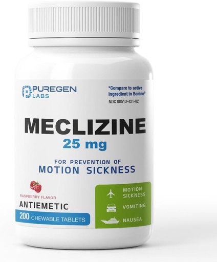 [BRSRAAANCUNGC2T7] Puregen Labs Meklizine 25 mg Antiemetic 200 tyggetabletter | Motion Sykhet Relief - Forebygging av smerte, besvimelse og besvimelse | Dairy Free | Laget i USA | Verdipakke – 200 tyggetabletter