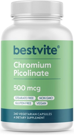 [BRSROGI7OEBBGF3O] Picolinat de crom BESTVITE 500mcg (240 capsule vegetariene) - Fără steari - fără fosfat dicalcic - Vegan - gluten liber - non-GMO