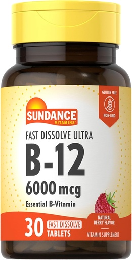 [BRSWKYYHB4MRYDY3] Sundance Fast Oppløse vitamin B-12 | 6000mcg | 30 tabletter | Naturlig Berry Flavor | Vegetarisk, ikke-GMO, og Glutenfri Supplement
