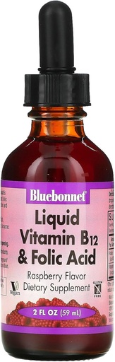 [BRSWIYQLA56RAC3A] Bluebonnet Nutrition Vitamine liquide B12 et acide folique, pour la stimulation énergétique*, sans soja, sans gluten, sans lait, végétalien, 400 mcg d'acide folique et 1000 mcg de vitamine B12 par portion, 2 fl oz, 59 portions