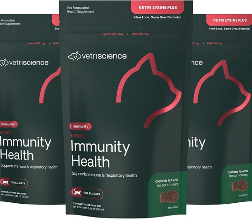 [BRSWI2QZPMGQIDQZ] VetriScience Lysine Immunity Health Chews, 250 mg Lysine Plus Supplément immunitaire pour chats et chatons avec allergies, éternuement, nez runny et yeux aqueux, poulet, 3 pack