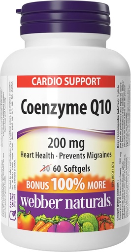 [BRSWIFAOCN5B4GD2] Webber Naturals Coenzyme Q10 (CoQ10) 200 mg, 60 Softgels, 심장 건강 및 세포 에너지 생산, 60 일 공급, 글루텐 프리