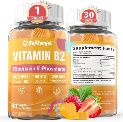 [BRSRAZITCUBAEE34] Vitamina B2 Gummies ← Riboflavin 400mg con Magnesium & CoQ10 para el alivio de dolor de cabeza de migraña " Alivio de dolor de cabeza  durable Sugar Free, Vegan, Strawberry Flavor, 60 Con
