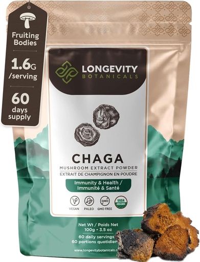 [BRSWKE37OR6AOEDY] Langlebigkeit Botanicals Bio Chaga Pilzextrakt Pulver 100g | Konzentriert 10:1 Ratio | 100% Fruchtkörper | Inonotus Obliquus Natürliche Ergänzung für Immunfunktion, Antioxidantien & Vitalität