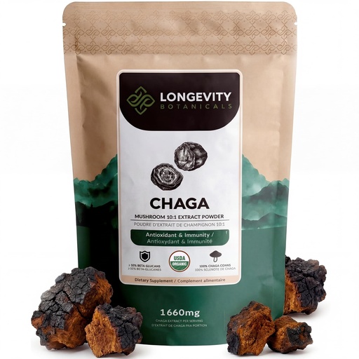 [BRSWKE37OR6AOEDY] Longevity Botanicals Organic Chaga Mushroom Powder Supplement Extract 100g | Inonotus Obliquus Fruiting Body | ≥10% Beta-D-Glucans | 60 Servings of 1,660mg | Supports Antioxidant & Immune Wellness