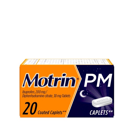 [BRSWIYL7CACBGGDM] Motrin PM Pain Relief Caplets with 200 mg Ibuprofen & 38 mg Diphenhydramine Sleep Aid, Nighttime Pain Reliever for Minor Aches & Pains Helps You Fall Asleep & Stay Asleep, 20 ct
