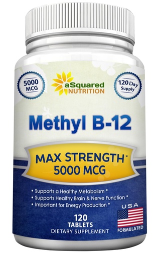 [BRSWKFY7C4OQOELK] aSquared Nutrition Vitamin B12-5000 MCG Supplement with Methylcobalamin (Methyl B-12) - Max Strength Vitamin B 12 Support to Help Boost Natural Energy, Benefit Brain & Heart Function - 120 Tablets